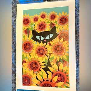 2 Colorful MCM Black Cat and Sunflowers Art Prints.